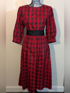 Lanz Originals Vintage Red & Black Plaid Prairie Style Belted Dress